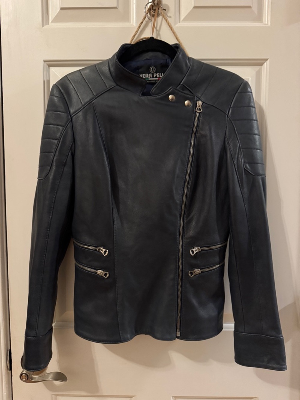 Vera Pelle Gray Asymmetrical Leather Biker Jacket